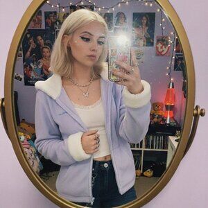 Vintage Y2K Walt Disney World pastel Tinker Bell faux fur trimmed zip up hoodie